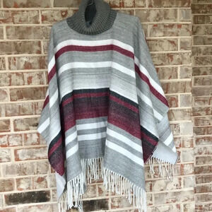 Vince Camuto Striped Turtle Neck Fringed Poncho